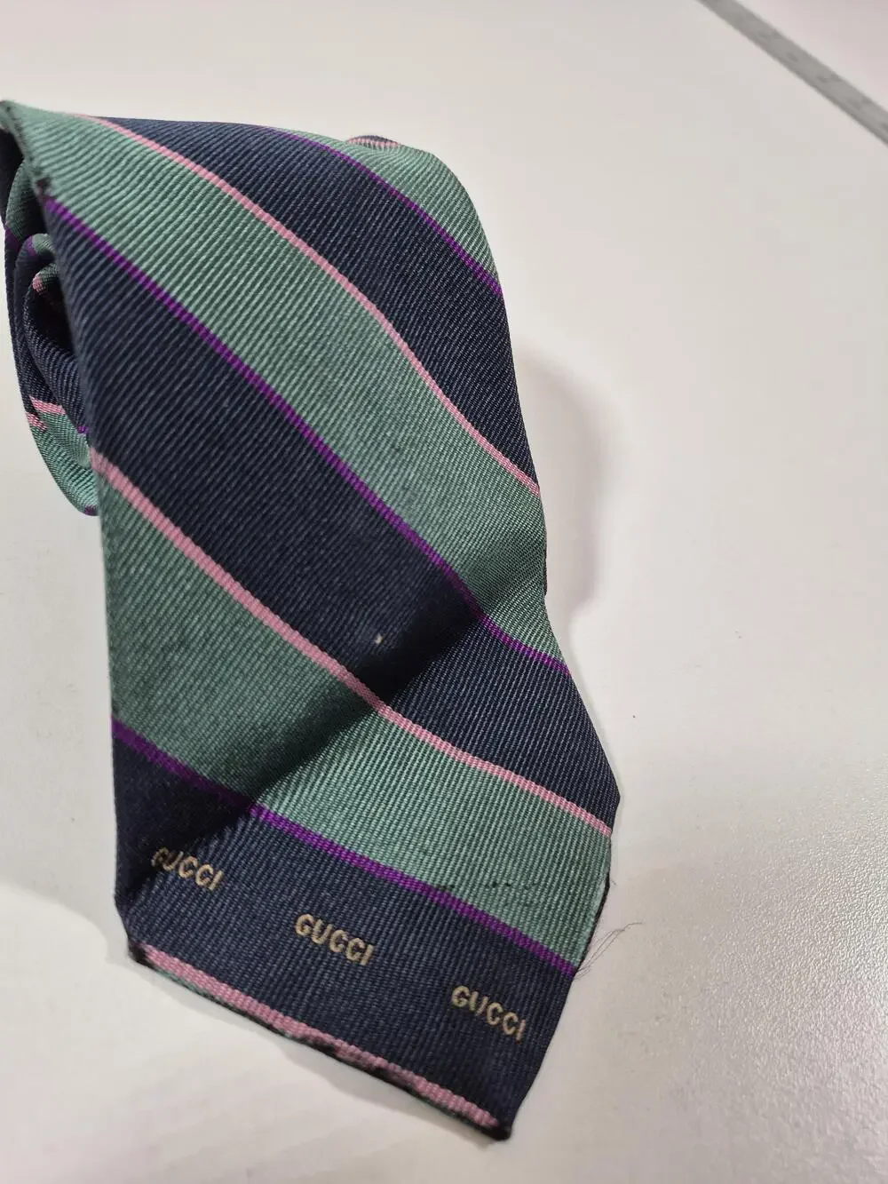 Gucci Tie Men's OS Green Striped Designer Woven Logo FLAW